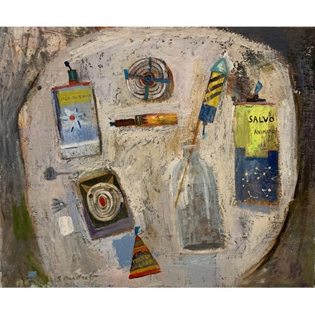 Simon Quadrat oil on canvas picture, items include a firework in a milk bottle and 6 other objects. 